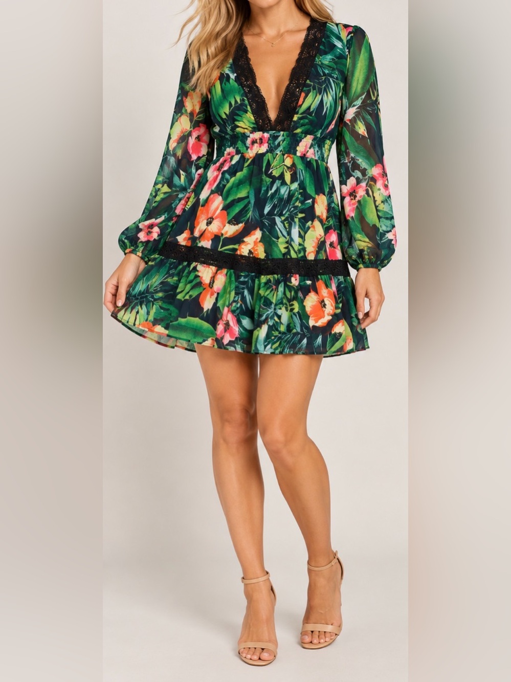 Kendall & Kylie Tropical Floral Mini Skirt in Green with Pink & Orange Blooms